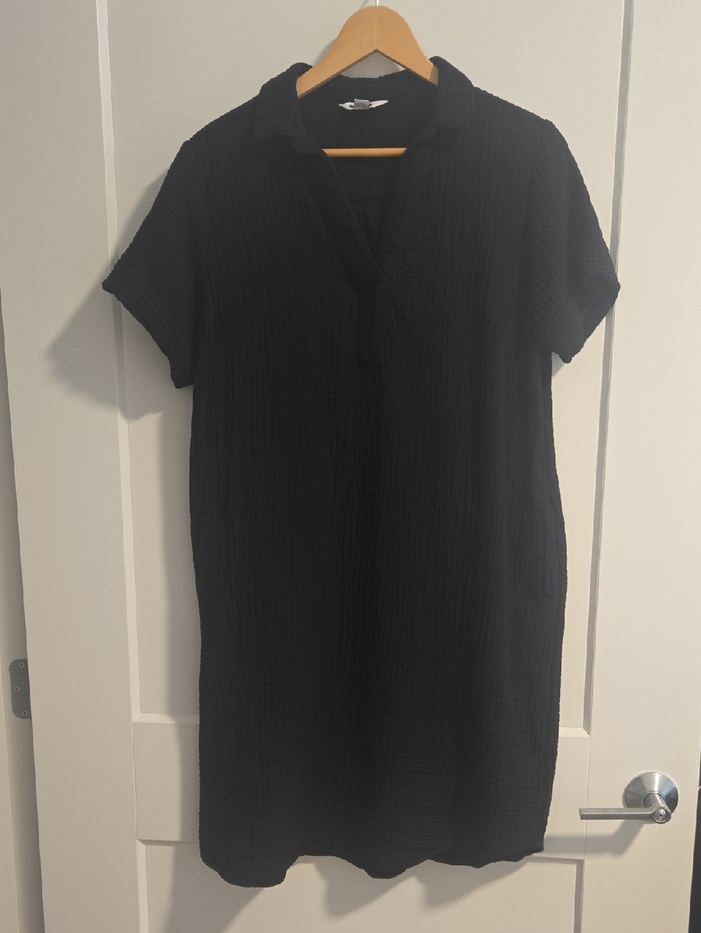 Three Dots Black Textured Cotton  Gauze Collared Shirt Dress
